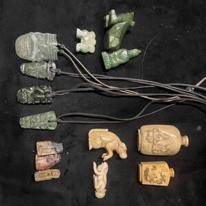 Green and Tan Stone Pendants and Figurines